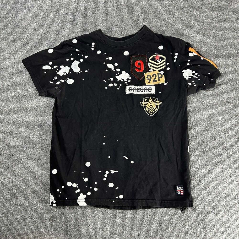 Phat Farm Military Patched Splatter Short Sleeve Black T-Shirt Medium
